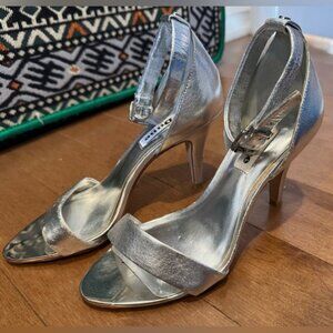 Dune London Leather silver metallic munnie sandals heels party shoes strappy 6M